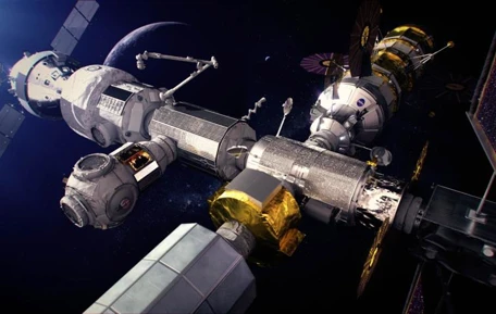 Concept d'artiste de Canadarm3, situé à l'extérieur de la "Lunar Gateway" (Crédits : CSA, NASA)